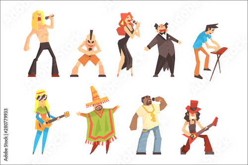 Musicians And Singers Of Different Music Styles Performing On Stage In Concert Set Of Cartoon Characters