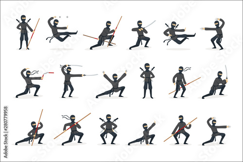 Japanese Ninja Assassin In Full Black Costume Performing Ninjitsu Martial Arts Postures With Different Weapons Set Of Illustrations.