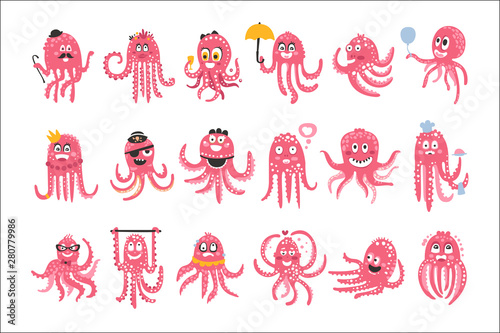 Octopus Emoticon Icons With Funny Cute Cartoon Marine Animal Characters In Different Disguises At The Party
