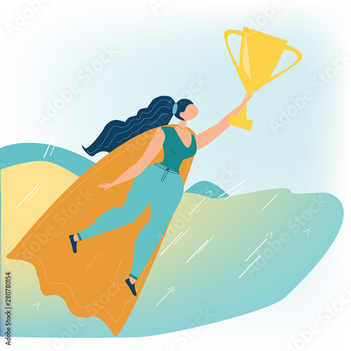 Goal achievement. Businesswoman in a superhero cape flying with a golden cup. Leadership, motivation, ambition concept. Superwoman. First place, number one. Vector, flat style.