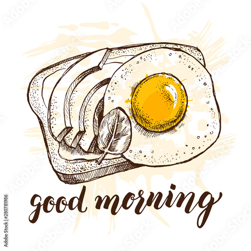 Crispy toast with fried egg and avocado slices. Ink hand drawn Vector illustration in vintage style. Food element for menu design.