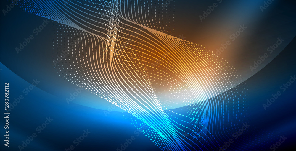 Naklejka premium Glowing abstract wave on dark, shiny motion, magic space light. Vector techno abstract background