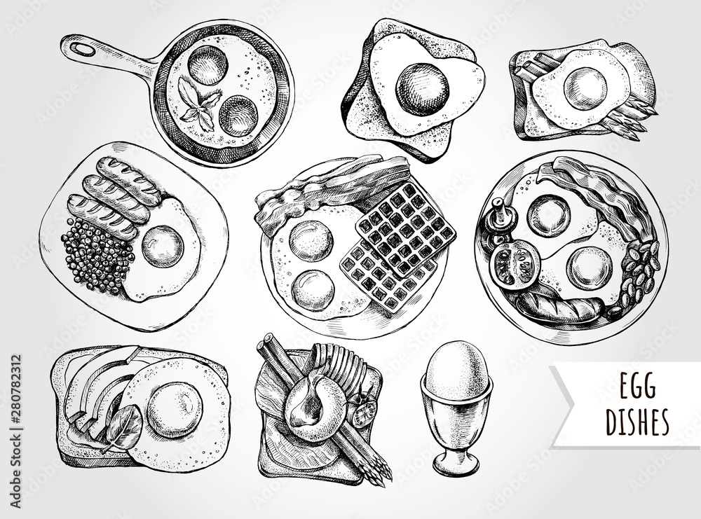 Ink hand drawn set of various egg dishes for breakfast. Food elements