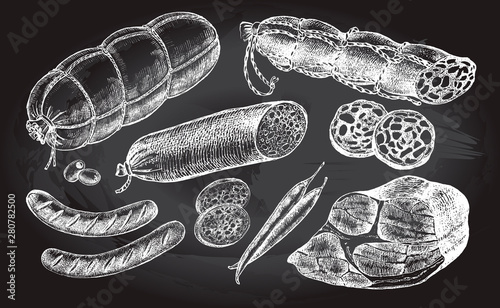 Ink hand drawn set of various sausages, ham, salami, meat products. Food elements collection for menu or signboard design. Vector illustration.
