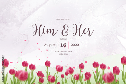 Red tulip field watercolor floral wedding invitation layout background vector