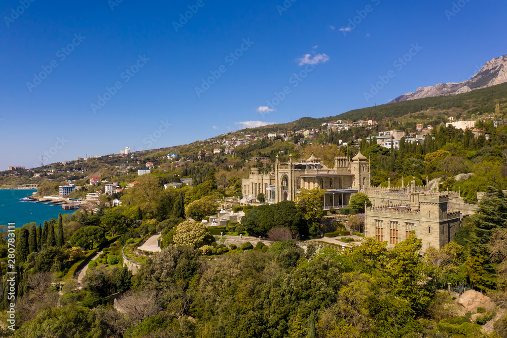 Aerial drone view of Vorontsov Palace or the Alupka Palace, Crimea