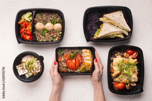 Resraurant food in take away boxes for healthy nutrition