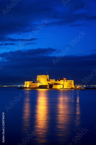 NAFPLIO TOWN, ARGOLIDA, PELOPONNESE, GREECE. Bourtzi castle, one of the 3 castles of the town, built on a tiny island of the Argolic gulf.