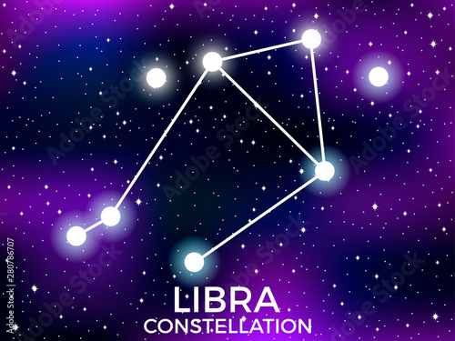Libra constellation. Starry night sky. Cluster of stars and galaxies. Deep space. Vector illustration