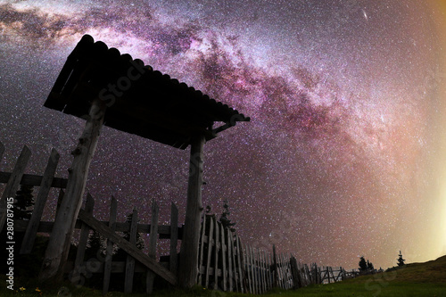 Purple Milky way falling stars wooden door photo