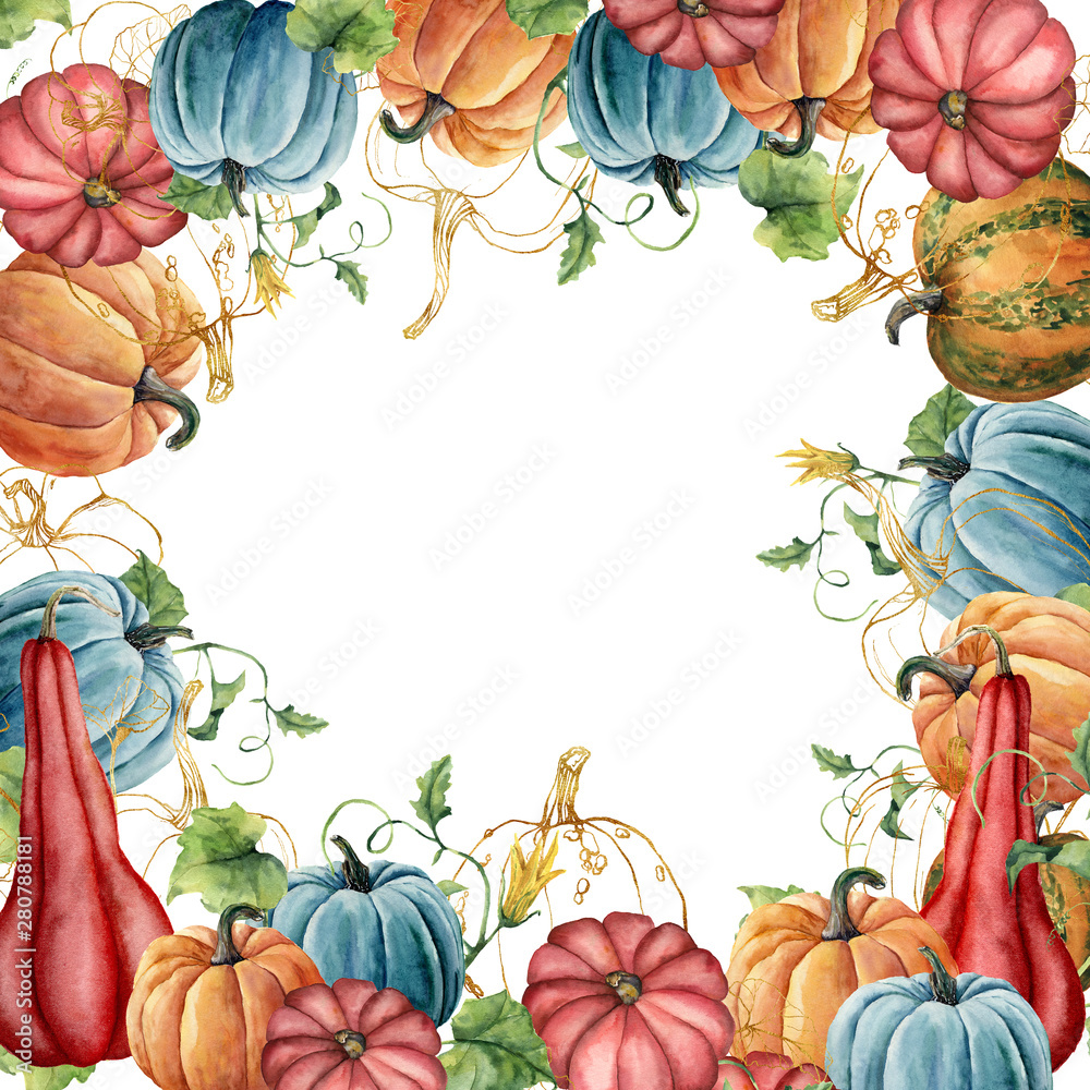 Watercolor frame with golden gourds composition. Hand painted card with ...