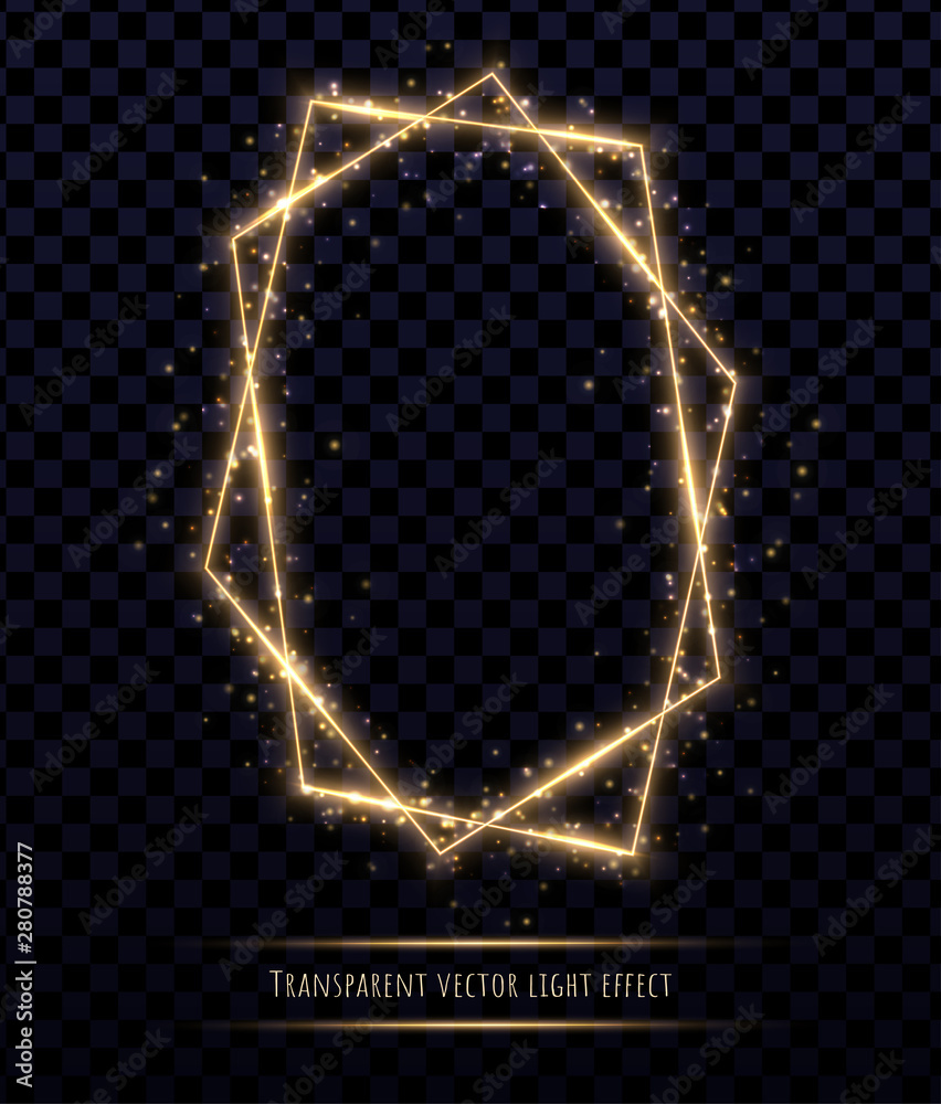 Glowing gold polygonal frame with light effects isolated on transparent background. Shining multangular border with glowing sparkles. Glowing gold polygonal frame with light effects isolated on transparent background. Shining multangular border with glowing sparkles.