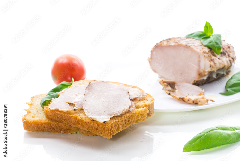 sandwich with home baked meat isolated on white