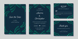 Elegant wedding invitations set with green floral motives and navy blue background. Modern invitation collection with save the date and rsvp card vector templates.