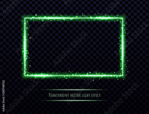 Green neon frame with light effects isolated on transparent background. Shining rectangle border with glowing sparkles.
