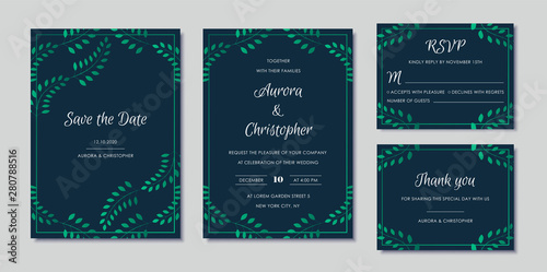 Elegant wedding invitations set with green floral motives and navy blue background. Modern invitation collection with save the date and rsvp card vector templates.