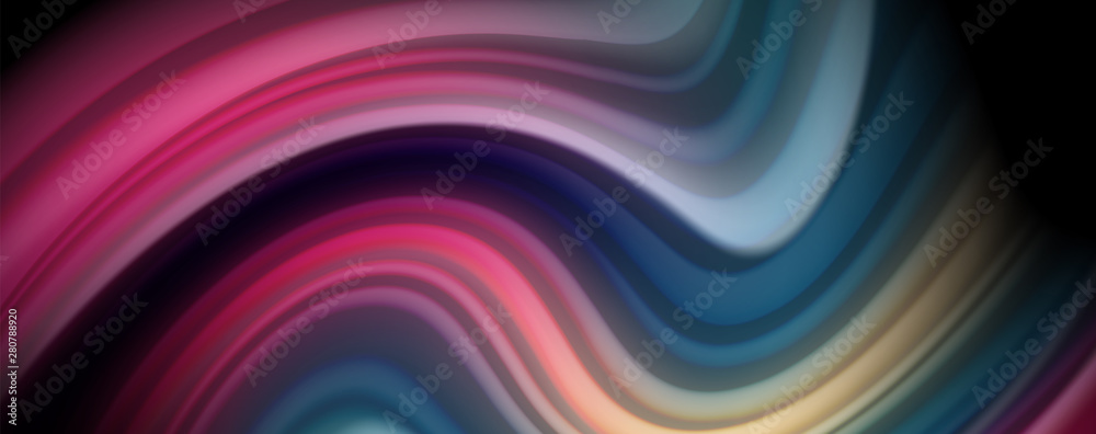 Obraz premium Modern rainbow liquid color flow colorful poster. Wave Liquid shape in black color background. Abstract composition