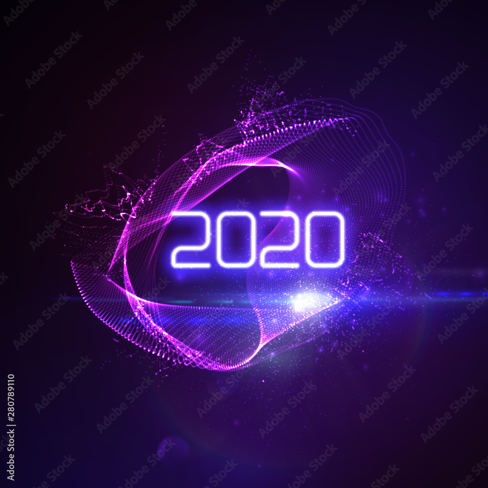Happy New 2020 Year. Futuristic glowing neon light splash with bursting light rays and particles. Vector holiday illustration. Festive New Year 2020 party sign. Decoration element for design