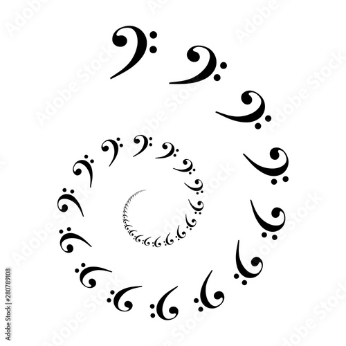 Bass clef spiral. Archimedean spiral made of  the most common musical symbol F-clef. Two turnings of an arithemetic spiral leads to a decorative pattern. Illustration. Vector.