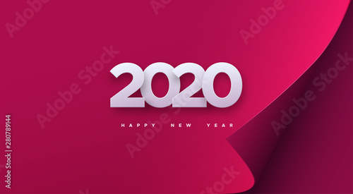 Happy New 2020 Year. Vector holiday illustration. White numbers on red paper sheet background. Festive event banner. Decoration element for poster or cover design