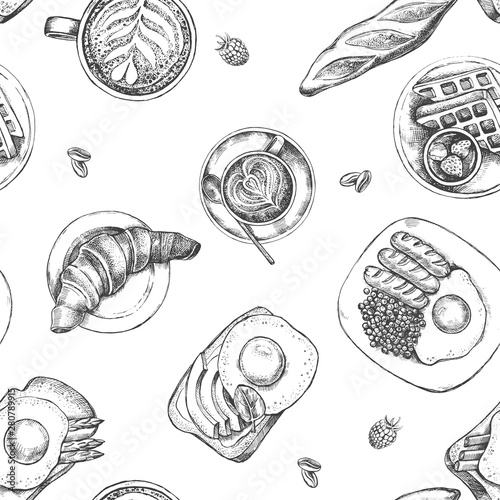 Decorative seamless pattern with Ink hand drawn breakfast dishes - fried eggs with sausages, croissant, baguette, coffee. Food elements texture for your design. Vector illustration.