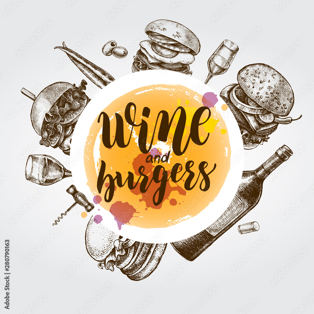 Plakat Ink hand drawn background with various burgers and bottle of wine with a glass. Food elements collection for menu or signboard design with brush calligraphy style lettering. Vector illustration.