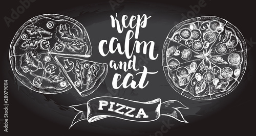 Keep calm and eat pizza. Background with Ink hand drawn food elements and brush calligraphy style lettering. Vector illustration. Food elements collection for menu design.