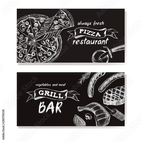 Design template for Italian restaurant and grill bar. Cards or banners with ink hand drawn pizzas and meat products. Vector illustration.
