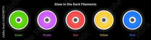 Vector set of glow in the dark filaments for 3D printing wounded on the spool. Plastic green, purple, red, yellow and blue materials shining in the dark for a 3D printer isolated on a dark background.