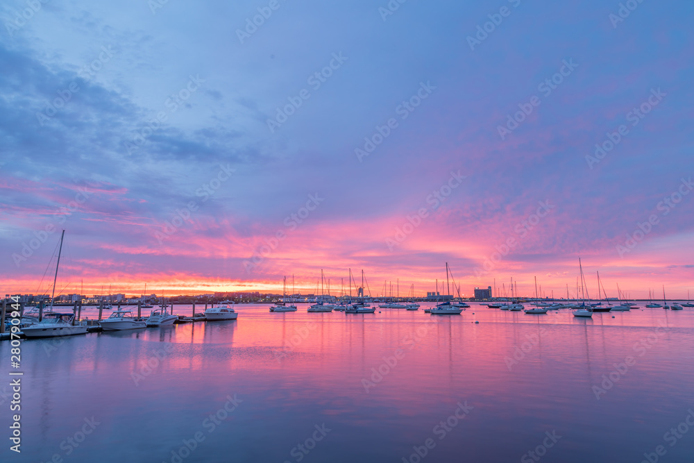 Sunrise View of Boston Marina with Cloud Skies