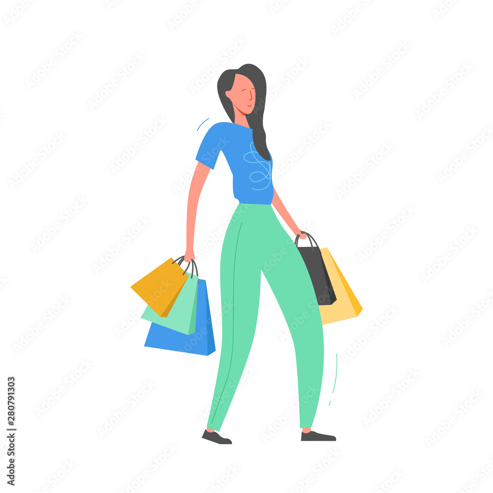 Woman with Shopping Bags and Presents. Person Characters, Big sale, Discount and Advertising Banner, promo Poster Concept illustration in vector