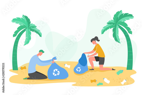 Set of Volunteer people characters gathering garbage and plastic waste for recycling, environmental protection and separation to reduce environment pollution concept vector Illustrations