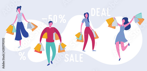 Set of people with Shopping Bags and Presents. Man and woman Characters, Big sale, Discount and Advertising Banner, Flyer, promo Poster Concept illustration in vector