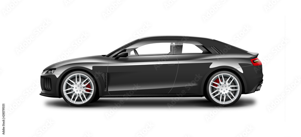 Black Coupe Sporty Car. Generic Automobile With Carbon Fiber Surface On White Background. Side View With Isolated Path.