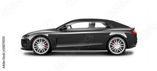 Black Coupe Sporty Car. Generic Automobile With Carbon Fiber Surface On White Background. Side View With Isolated Path.