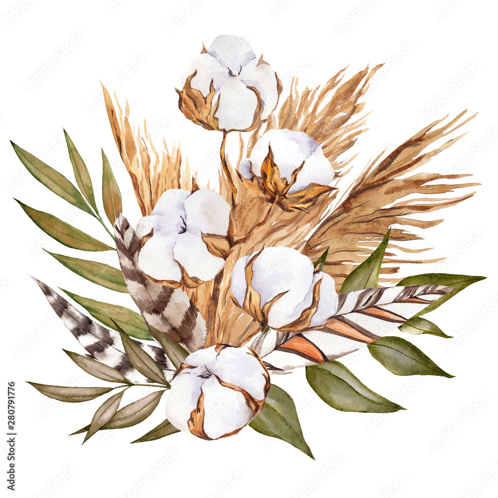 Bouquet with pampas grass, flowers, feather and cotton, watercolor hand ...