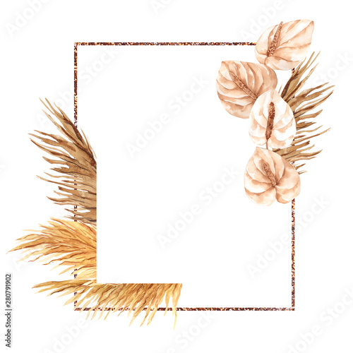 Frame with watercolor feather, pampas grass, leaves, palm leaf and flowers, hand draw floral ekement in boho style, isolated on white background photo