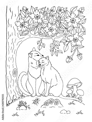 Vector illustration zentangl. Cats in love in a clearing under a flowering tree. Coloring book. Antistress for adults and children. Work done in manual mode. Black and white.