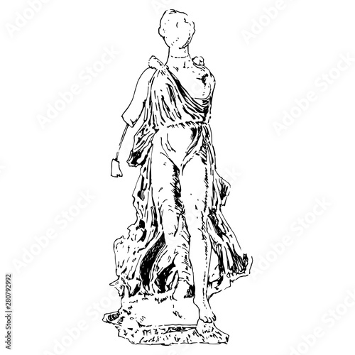 Ancient Greek damaged sculpture of goddess Nike from Olympia. Hand drawn ink sketch.