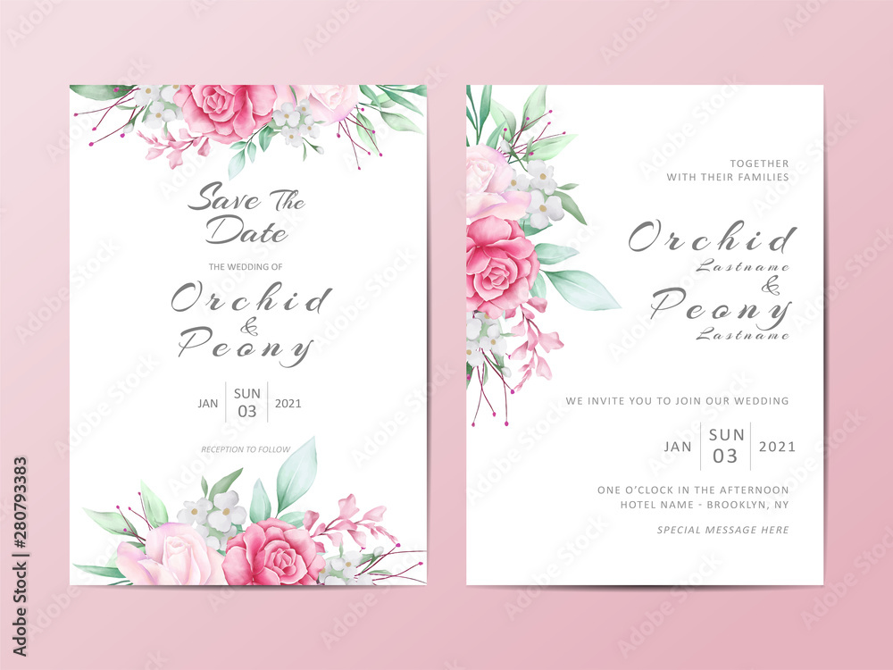 Beautiful floral wedding invitation template set. Watercolor floral cards