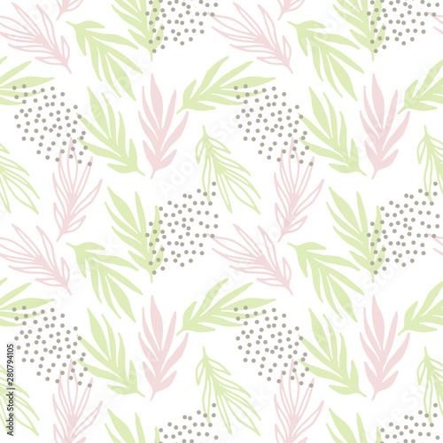 Pastel seamless pattern of green and pink leaves with dots on white background.
