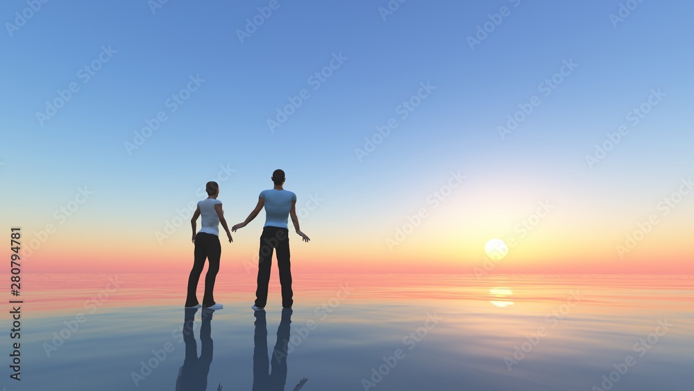 Bright future, Couple on beach at sunrise, couple is watching the colourful bright sunrise standing in large lake