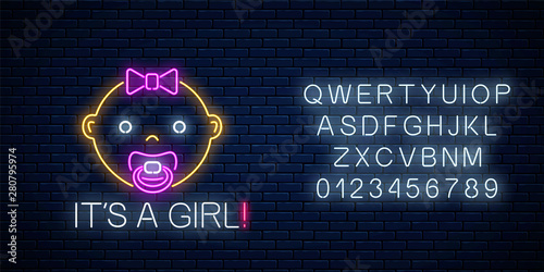 Glowing neon sign of baby girl birth celebration with alphabet. Newbaby birthday congratulations signboard in neon style