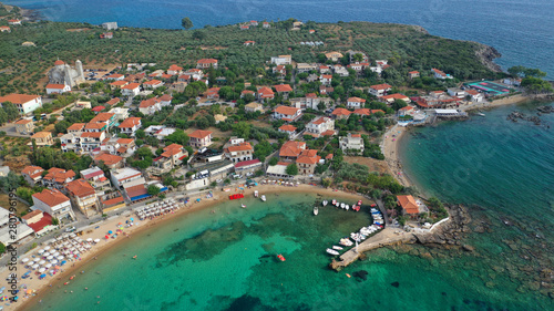 Aerial drone panoramic photo of iconic picturesque village and sandy beach of Stoupa in the heart of Messinian Mani, Peloponnese, Greece