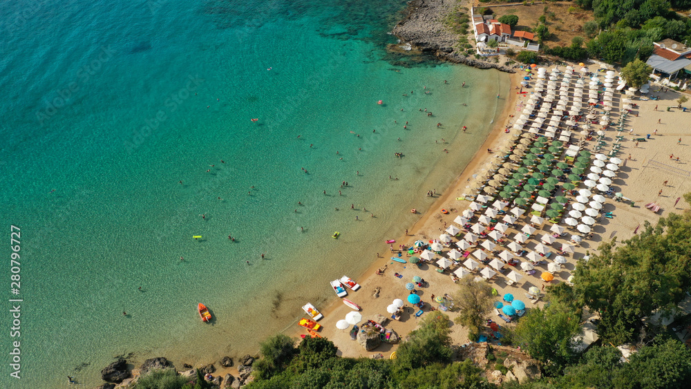 Aerial drone photo of famous organised sandy paradise beach of Kalogria in the heart of Messinian Mani next to iconic village of Stoupa, Peloponnese, Greece