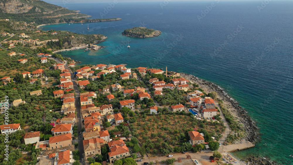 Naklejka premium Aerial drone photo from picturesque village of Kardamili in the heart of Messinian Mani, Peloponnese, Greece