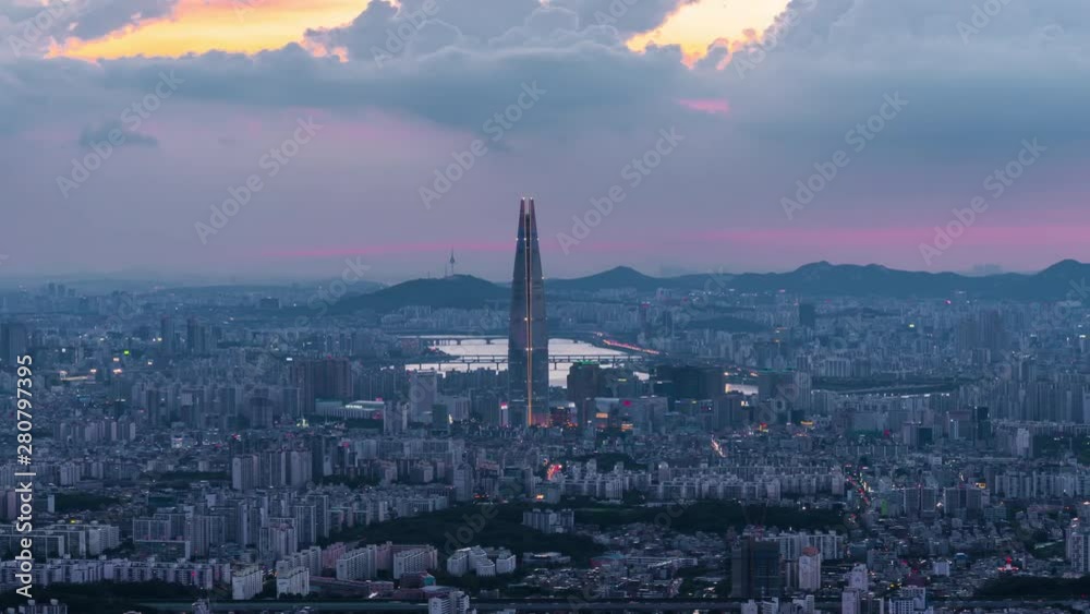 Time lapse South Korea skyline of Seoul, The best view of South Korea with Lotte world mall at Namhansanseong Fortress. Time lapse South Korea skyline of Seoul, The best view of South Korea with Lotte world mall at Namhansanseong Fortress.