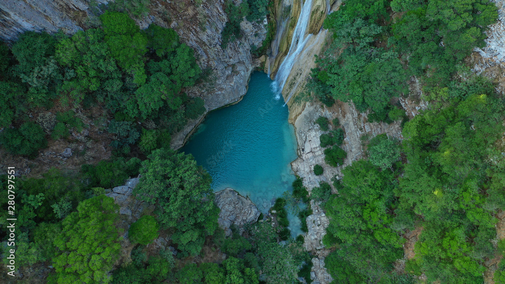 Aerial drone photo of famous mountain lake and waterfall in Polilimnio area in Messinia, Peloponnese, Greece
