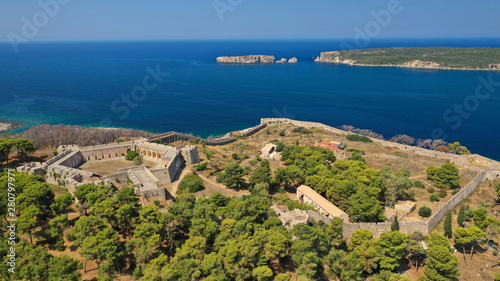 Aerial drone photo of iconic medieval castle and village of Pylos or Pilos in the heart of Messinia prefecture  Peloponnese  Greece