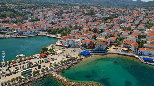 Aerial drone photo of iconic medieval castle and village of Pylos or Pilos in the heart of Messinia prefecture, Peloponnese, Greece © aerial-drone